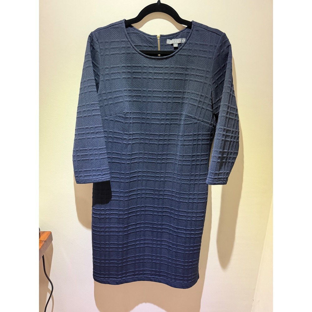 Sharagano Navy Blue Textured Grid Sheath Dress 3/4 Sleeve Gold Zipper Size 10